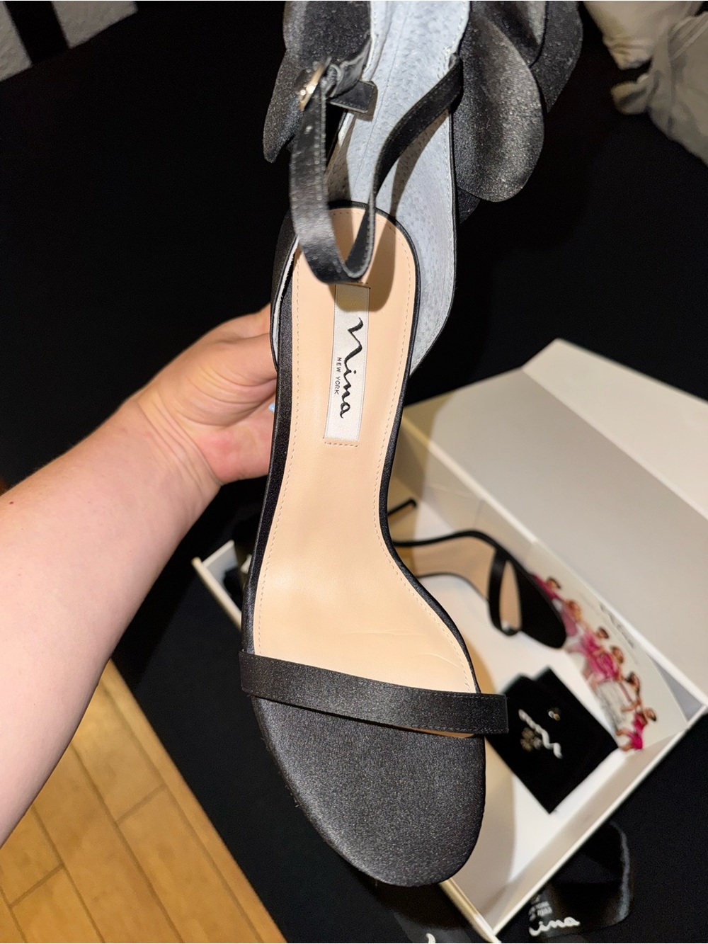 NWT: Nina Black Satin Open-Toe Ankle-Strap Peony satin flower Heel
